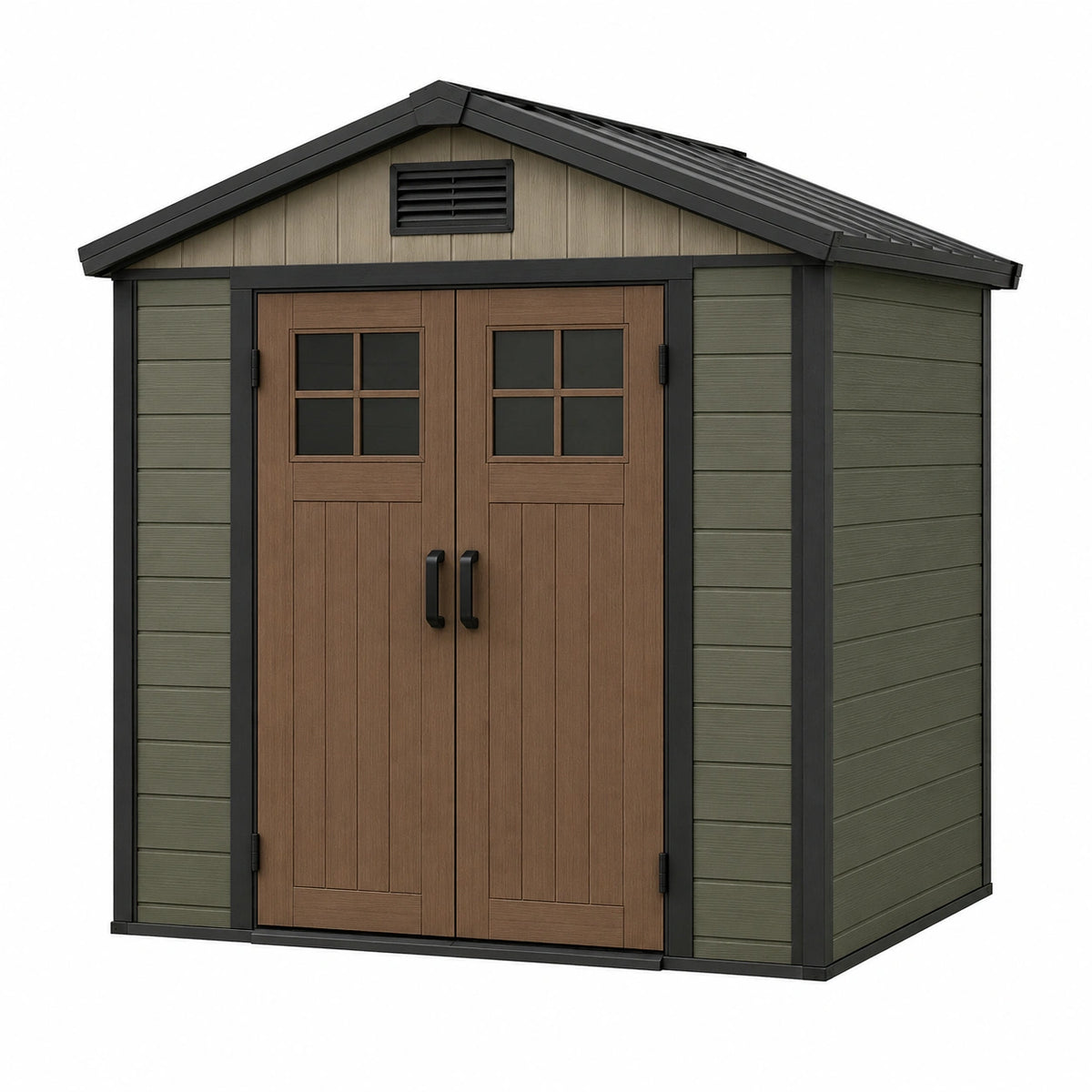 Abri de jardin 191 x 111 x 198 cm en résine vert olive et marron à double porte ventilée