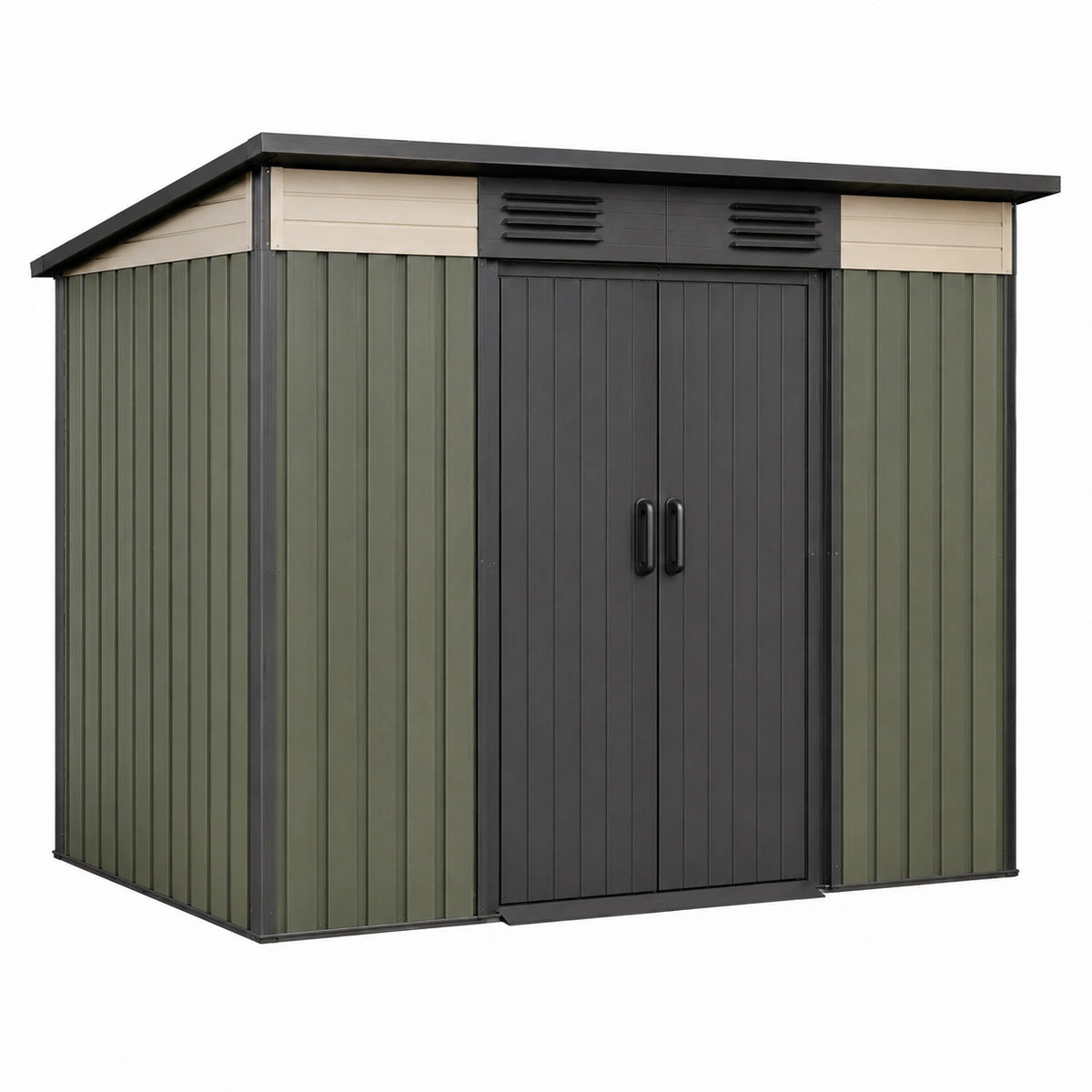Abri de jardin 213 x 127 x 185 cm en acier vert noir beige avec portes doubles ventilées