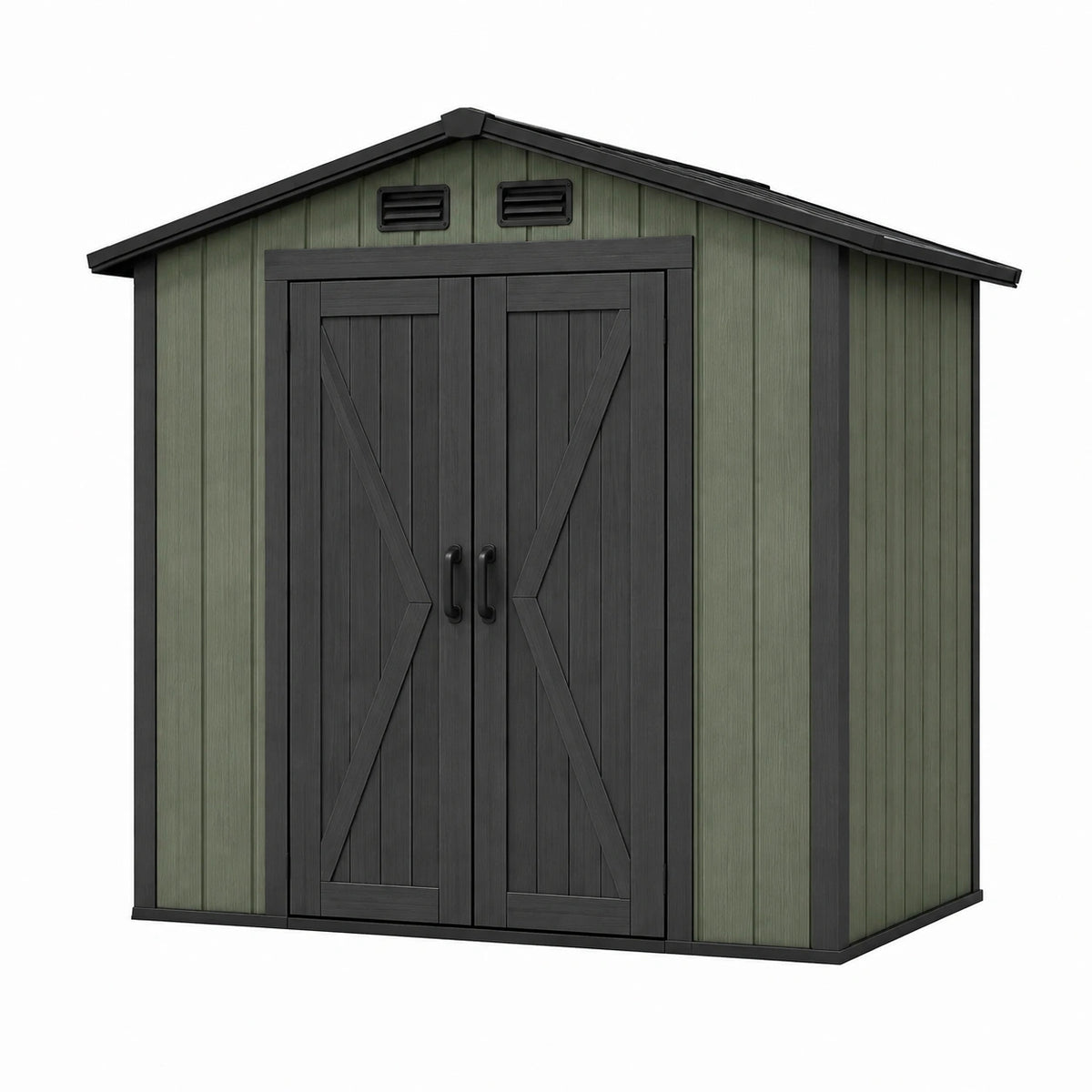 Abri de jardin 185 x 152 x 226 cm en résine vert foncé et noir avec portes doubles