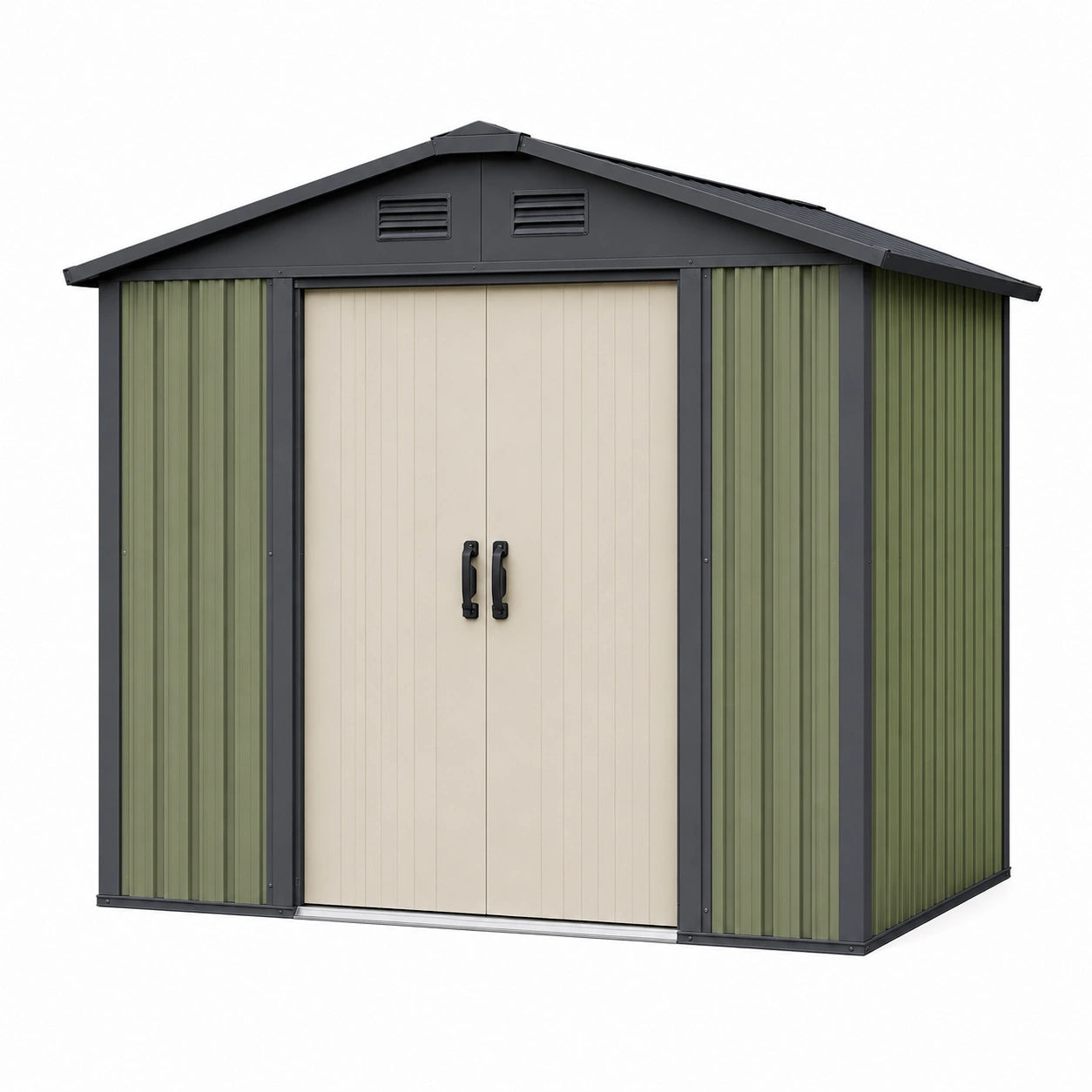 Abri de jardin 213 × 191 × 195 cm en acier vert beige et noir avec portes doubles ventilées