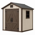 Abri de jardin 240 x 180 x 220 cm en résine beige et brun à double porte style chalet