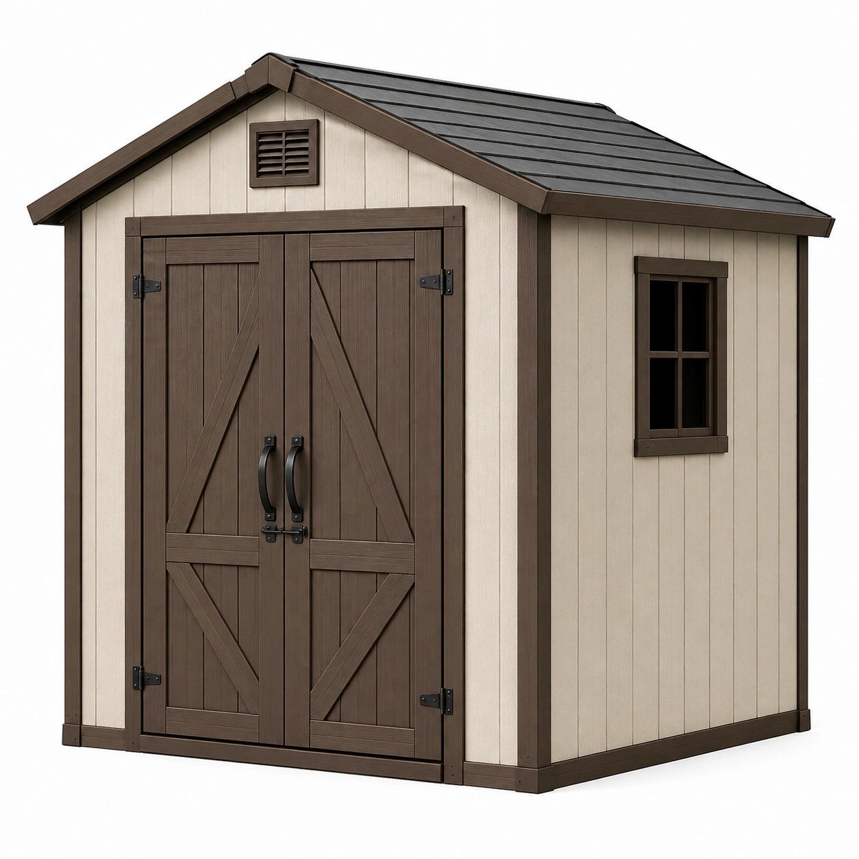 Abri de jardin 240 x 180 x 220 cm en résine beige et brun à double porte style chalet