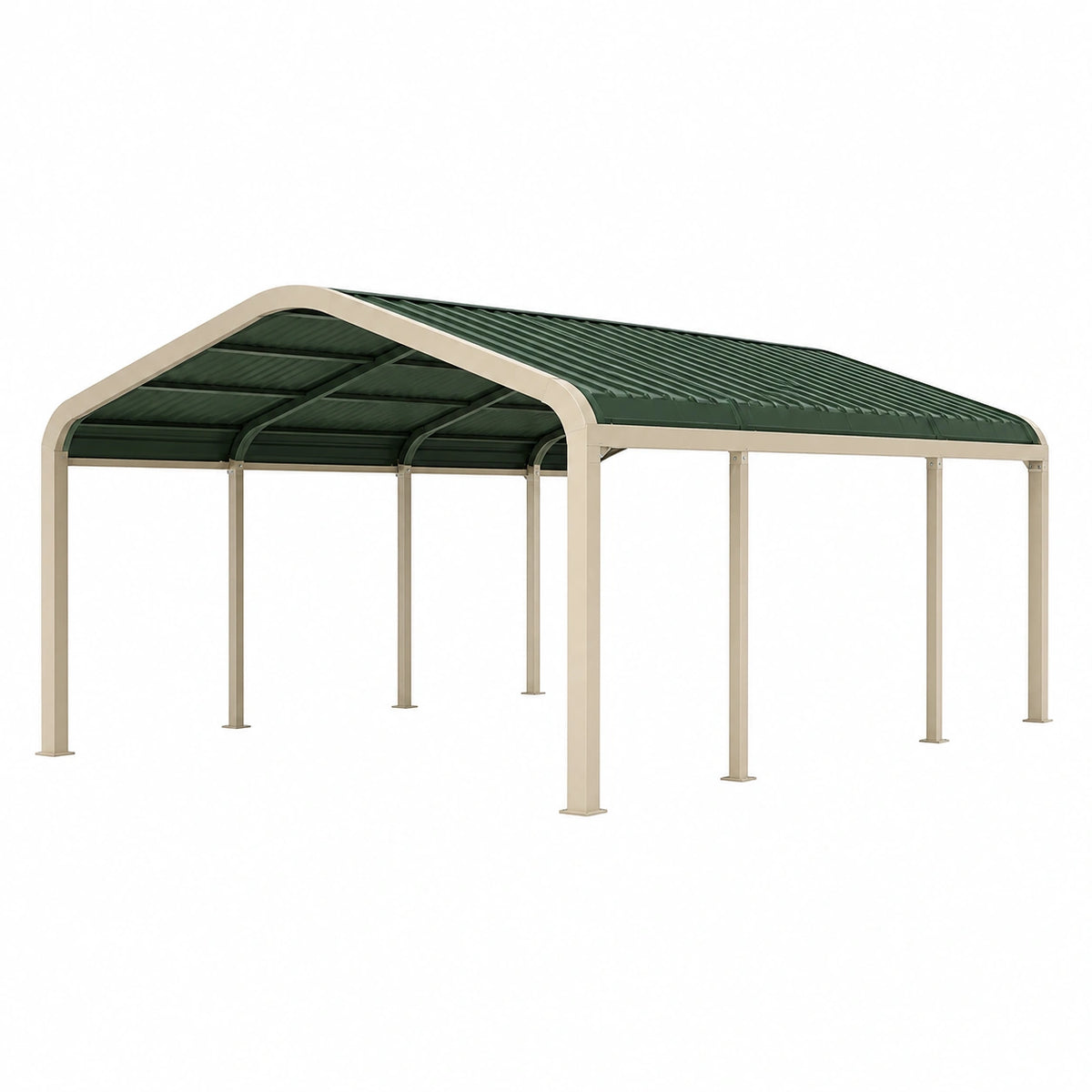 Abri voiture 610 x 300 x 270 cm en métal beige et vert foncé à toit cintré
