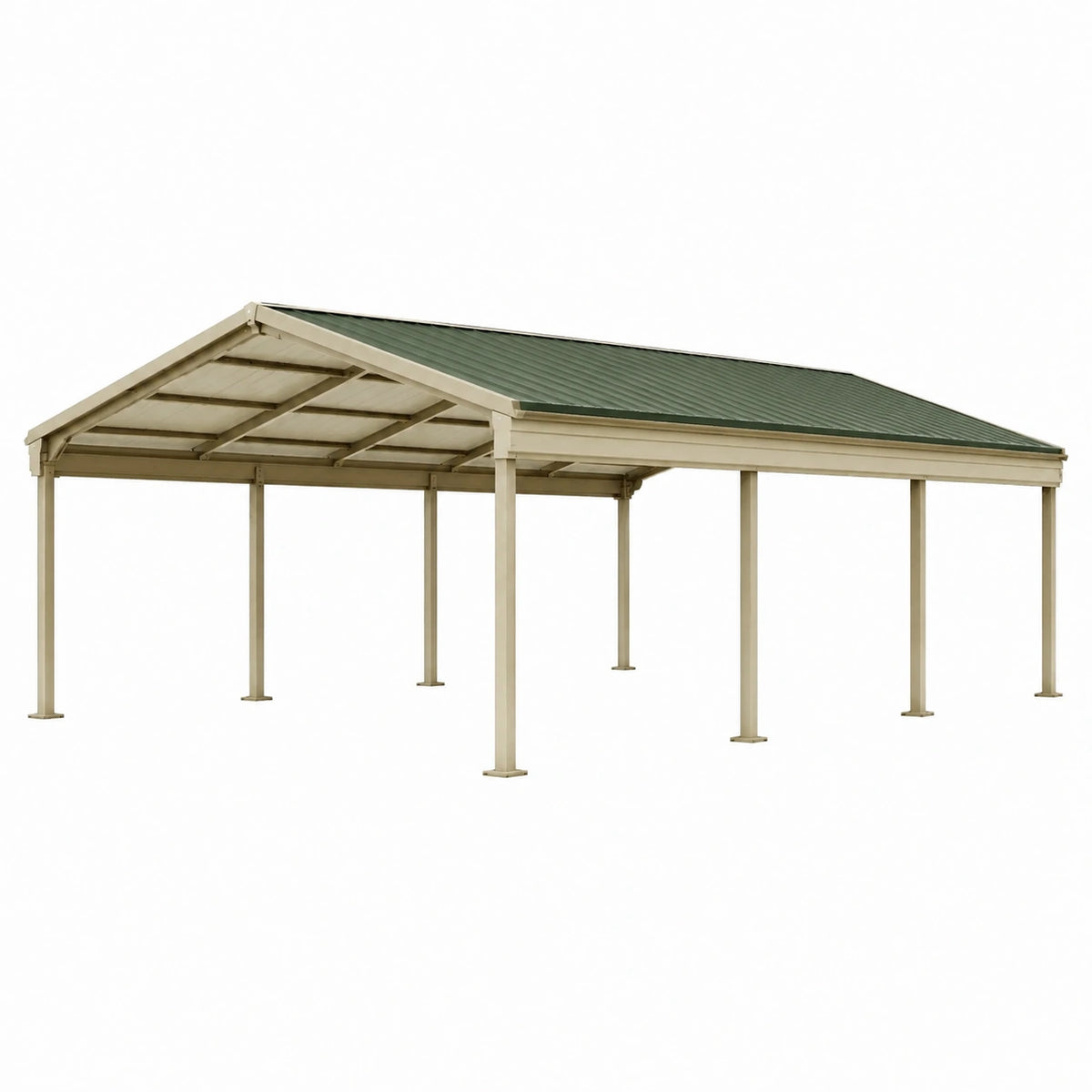 Abri voiture 600 x 300 x 270 cm en acier beige et toit vert - Structure extérieure couverte