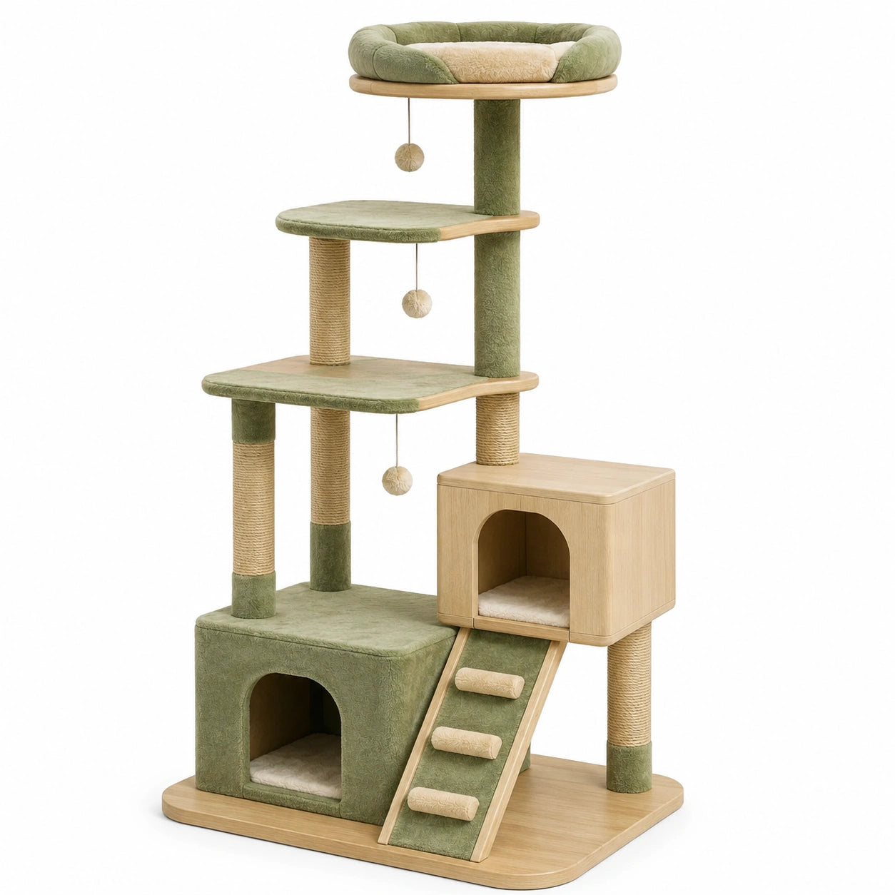 Arbre à chat 70 x 50 x 150 cm en bois vert et beige avec griffoirs plateformes et niches