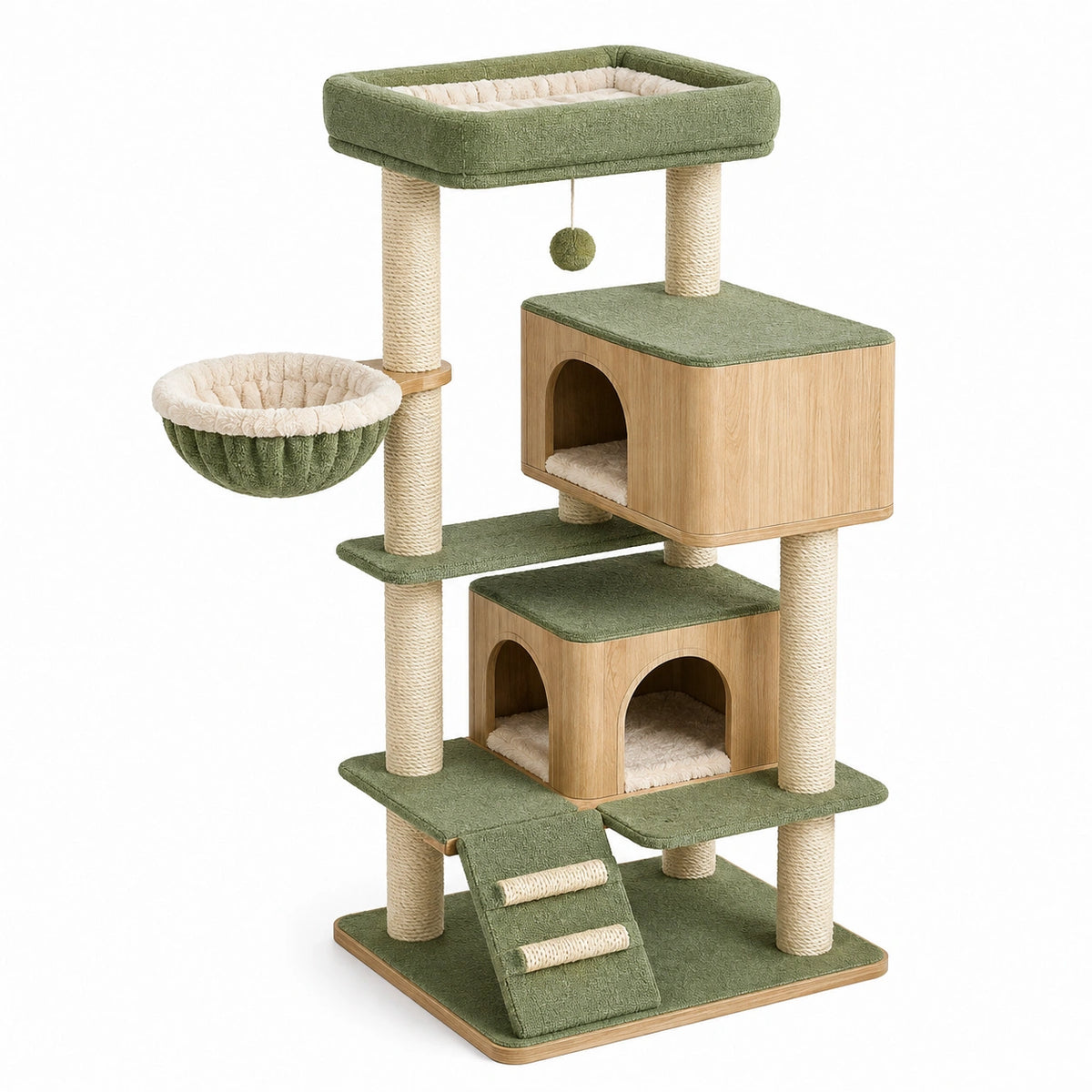Arbre à chat 60 x 60 x 150 cm en bois vert avec griffoirs niches et plateforme