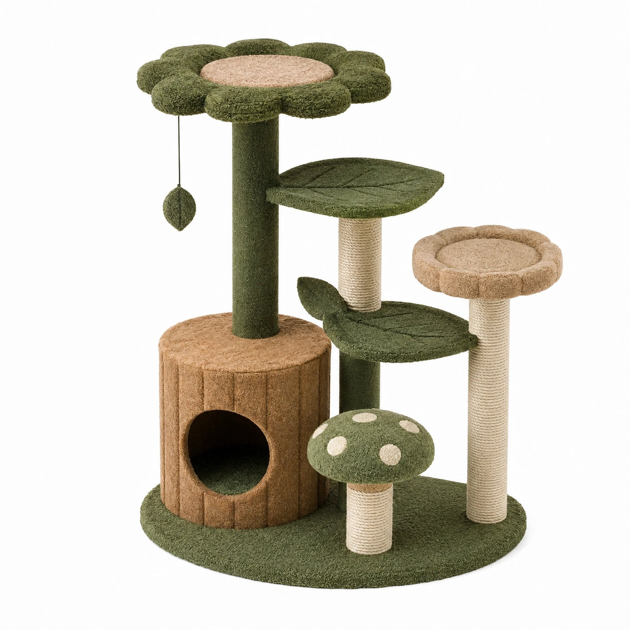 Arbre à chat 80 x 50 x 120 cm en tissu vert et beige avec griffoirs et niches