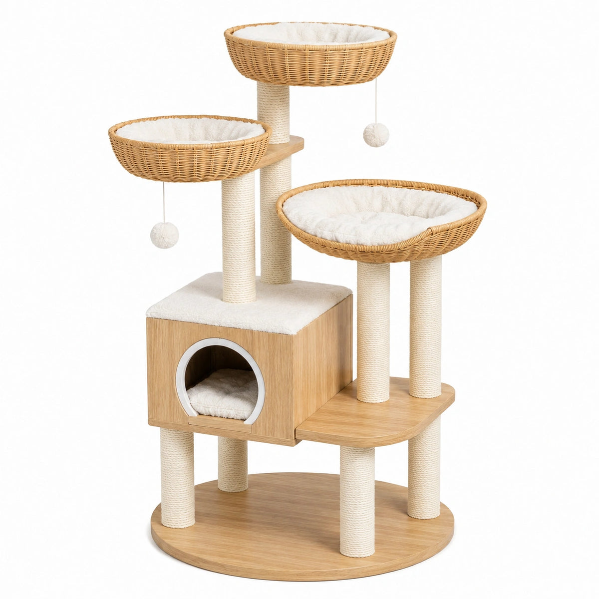 Arbre à chat 80 x 60 x 155 cm en bois naturel et blanc avec griffoirs et niches