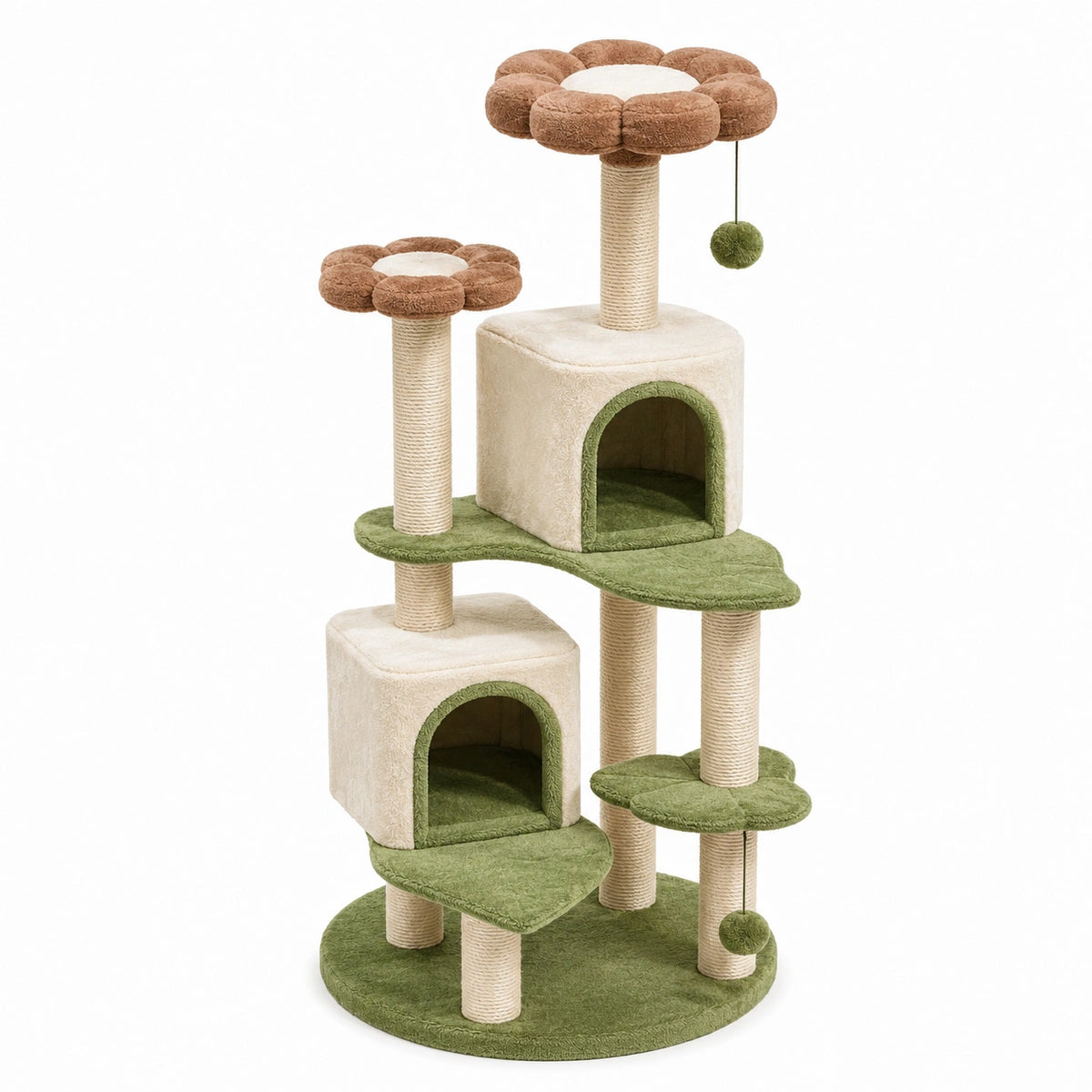 Arbre à chat 60 x 60 x 110 cm en sisal et peluche beige/vert avec niches et plateformes