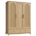 Armoire 120 x 55 x 190 cm bois naturel et cannage trois portes rangement style bohème