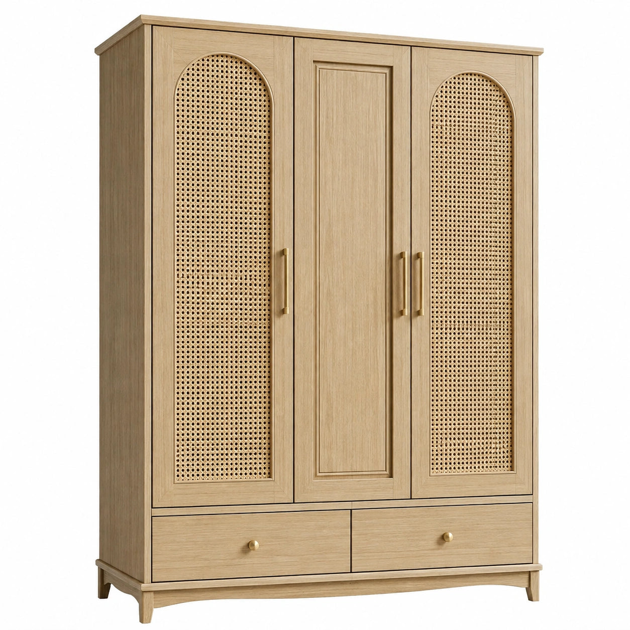 Armoire 120 x 55 x 190 cm bois naturel et cannage trois portes rangement style bohème