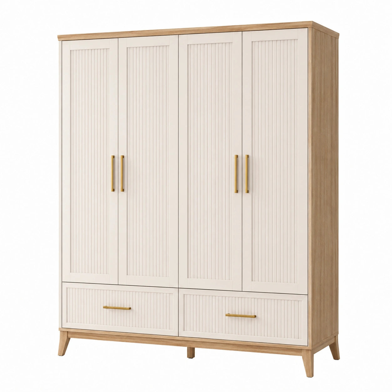 Armoire 160x55x200 cm en panneaux de bois beige et bois naturel à 4 portes avec 2 tiroirs style contemporain