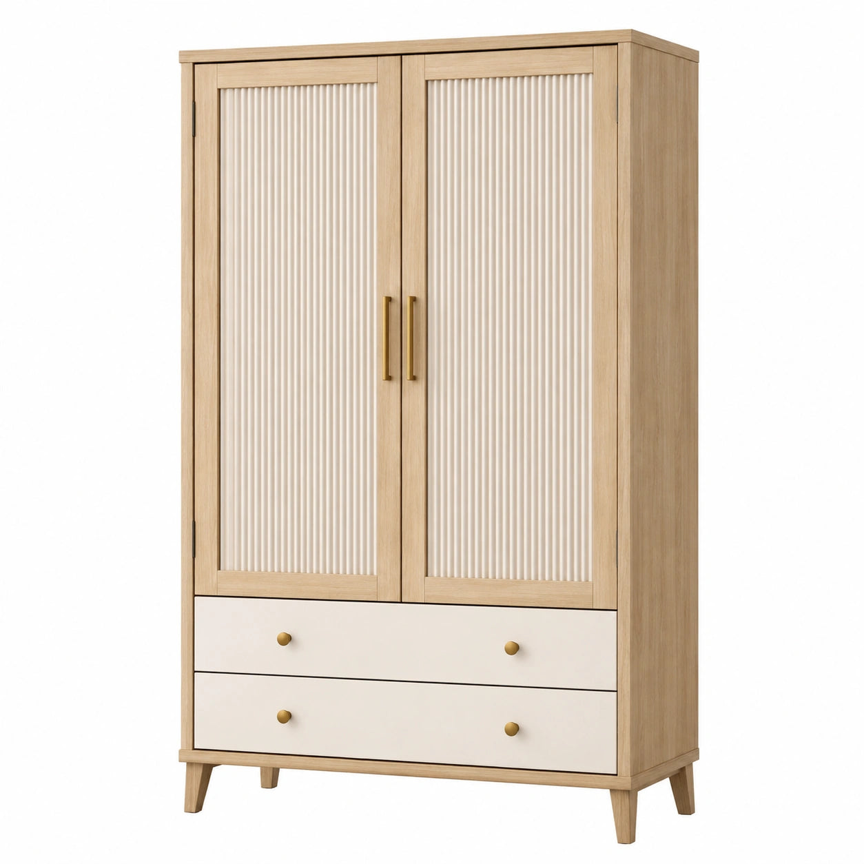 Armoire de rangement 100 x 50 x 180 cm en bois beige avec portes striées et tiroirs