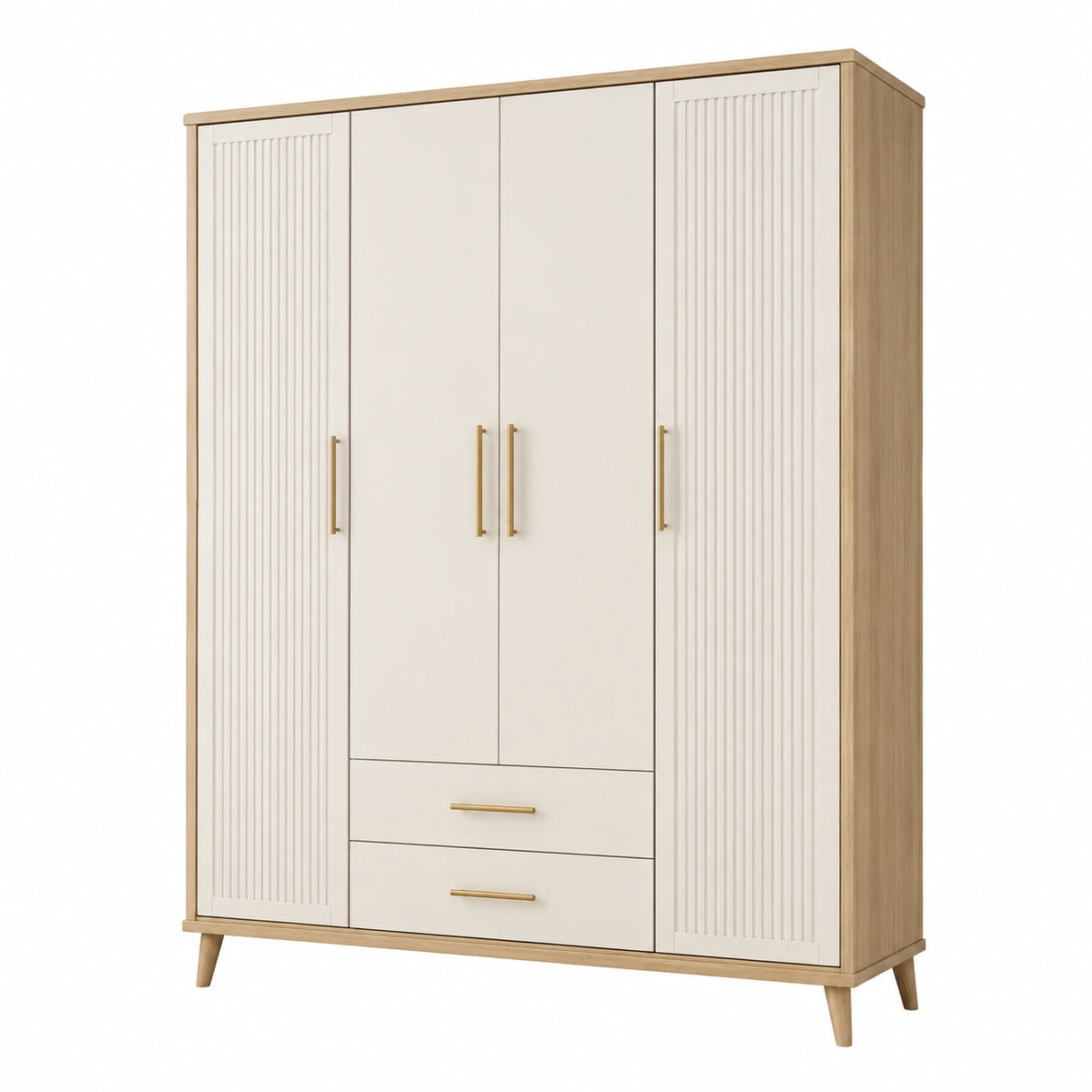 Armoire 160 x 55 x 200 cm en panneaux de bois blanc et chêne clair avec 4 portes et 2 tiroirs style contemporain