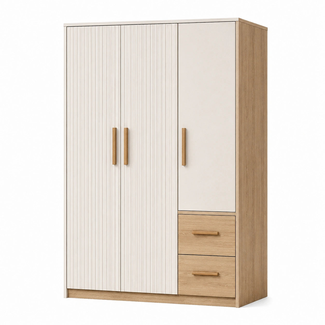 Armoire 120 x 55 x 200 cm en panneaux de bois blanc et chêne avec 3 portes et 2 tiroirs style contemporain
