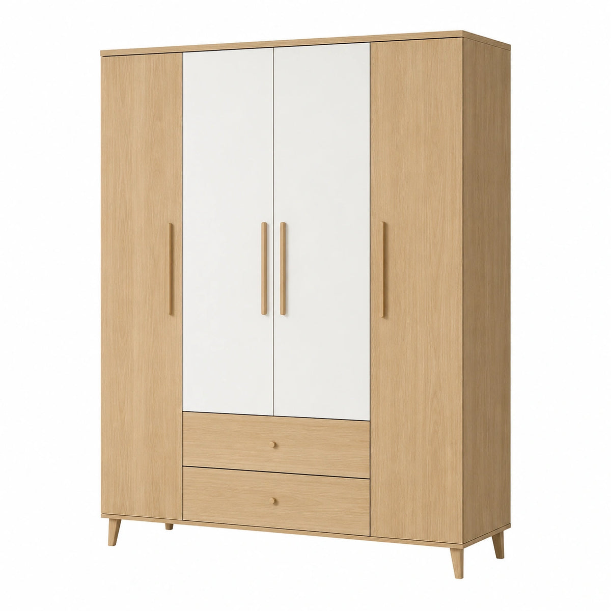 Armoire 160 x 55 x 200 cm en panneaux de bois chêne clair blanc à 4 portes et 2 tiroirs style scandinave