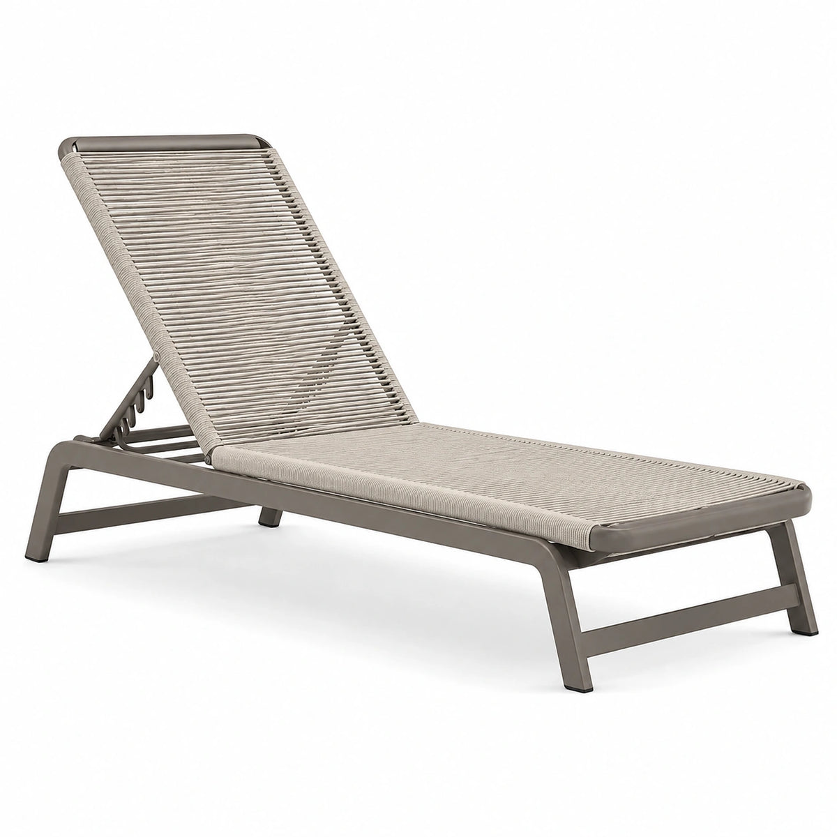 Chaise longue de jardin 200 x 70 cm en métal et corde tressée taupe inclinable