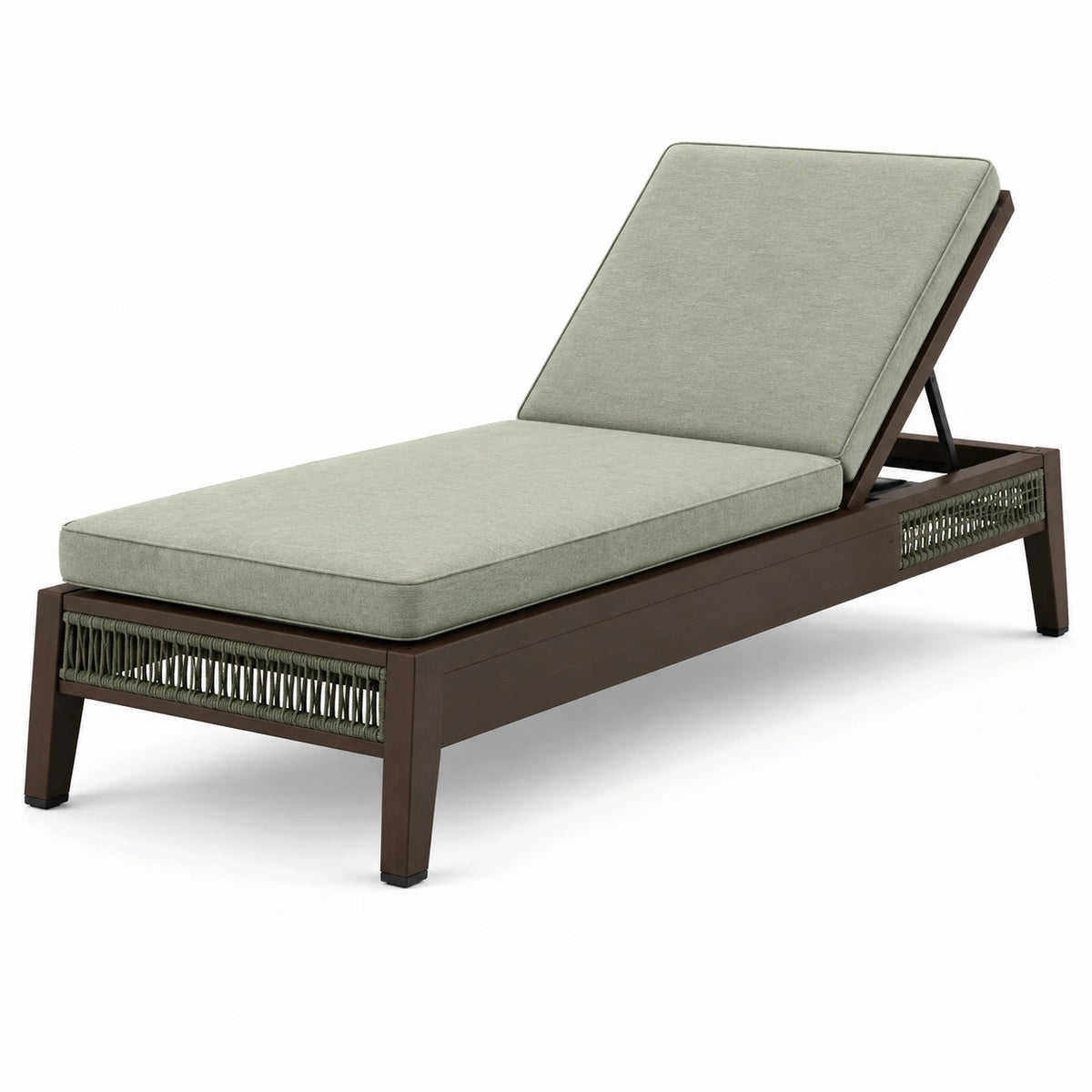 Chaise longue de jardin 200 x 75 x 35 cm en bois brun et coussins vert kaki dossier réglable