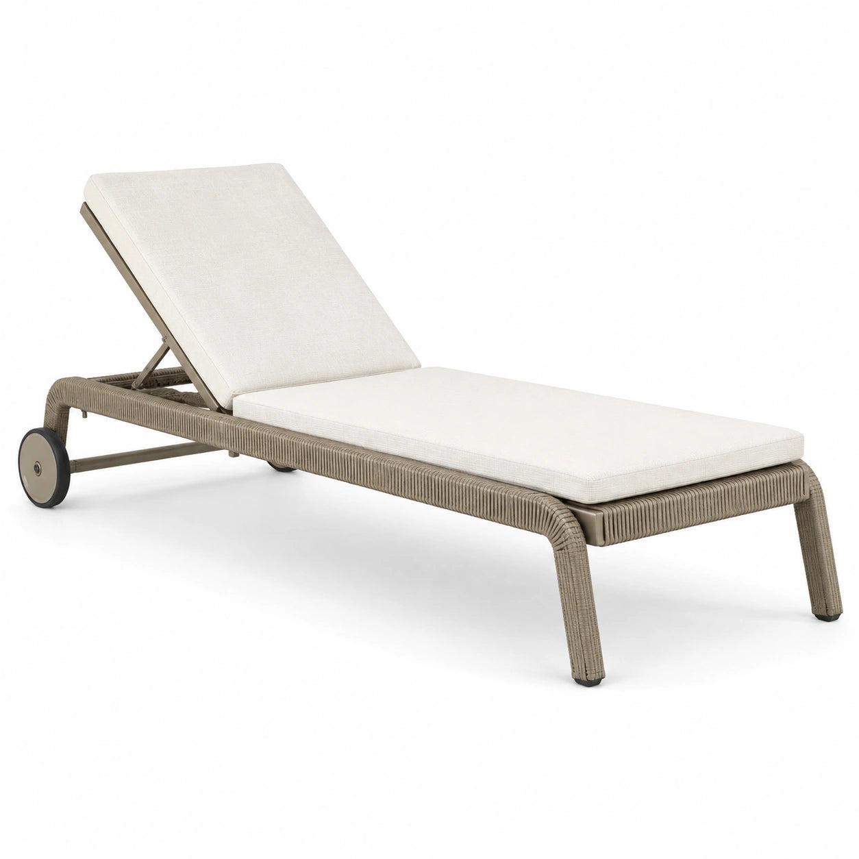Bain de soleil 200 x 70 cm en métal et tressage synthétique beige avec dossier réglable à roulettes