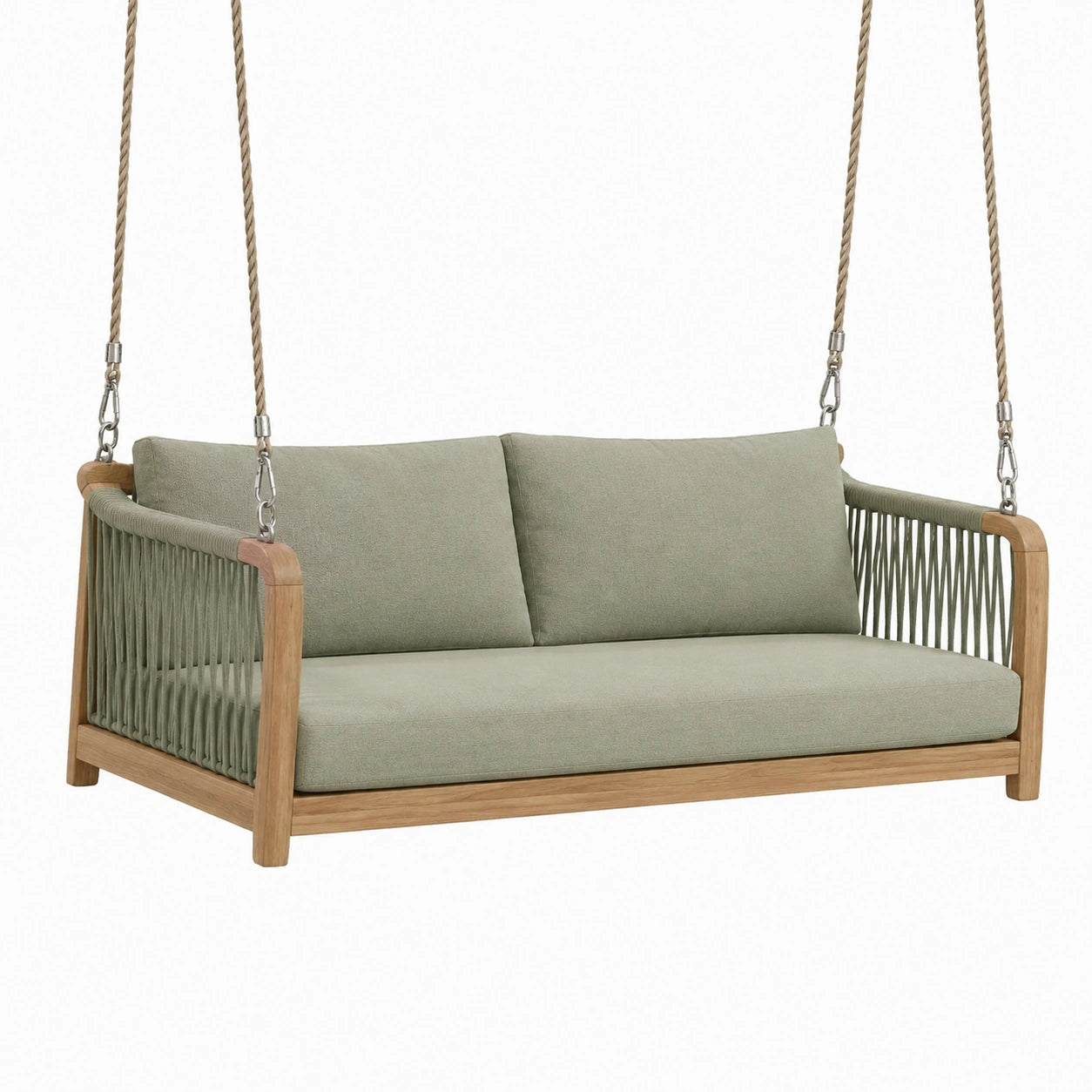 Balancelle de jardin 150 cm en bois vert avec cordes tressées style naturel