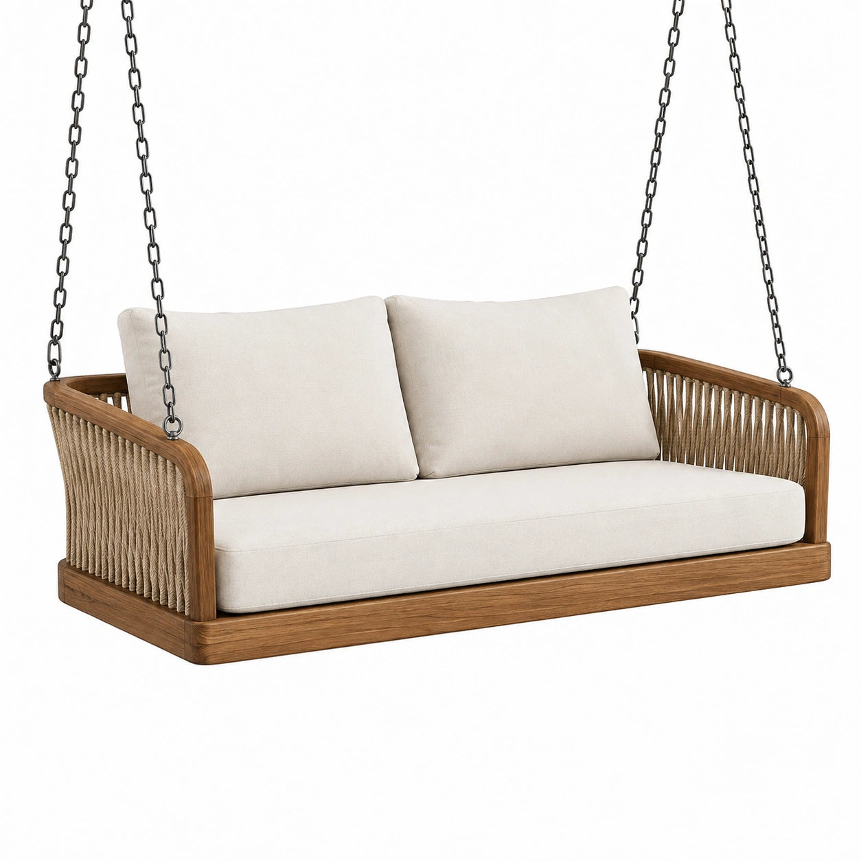 Balancelle de jardin 150 cm en bois brun et corde style naturel 2 places