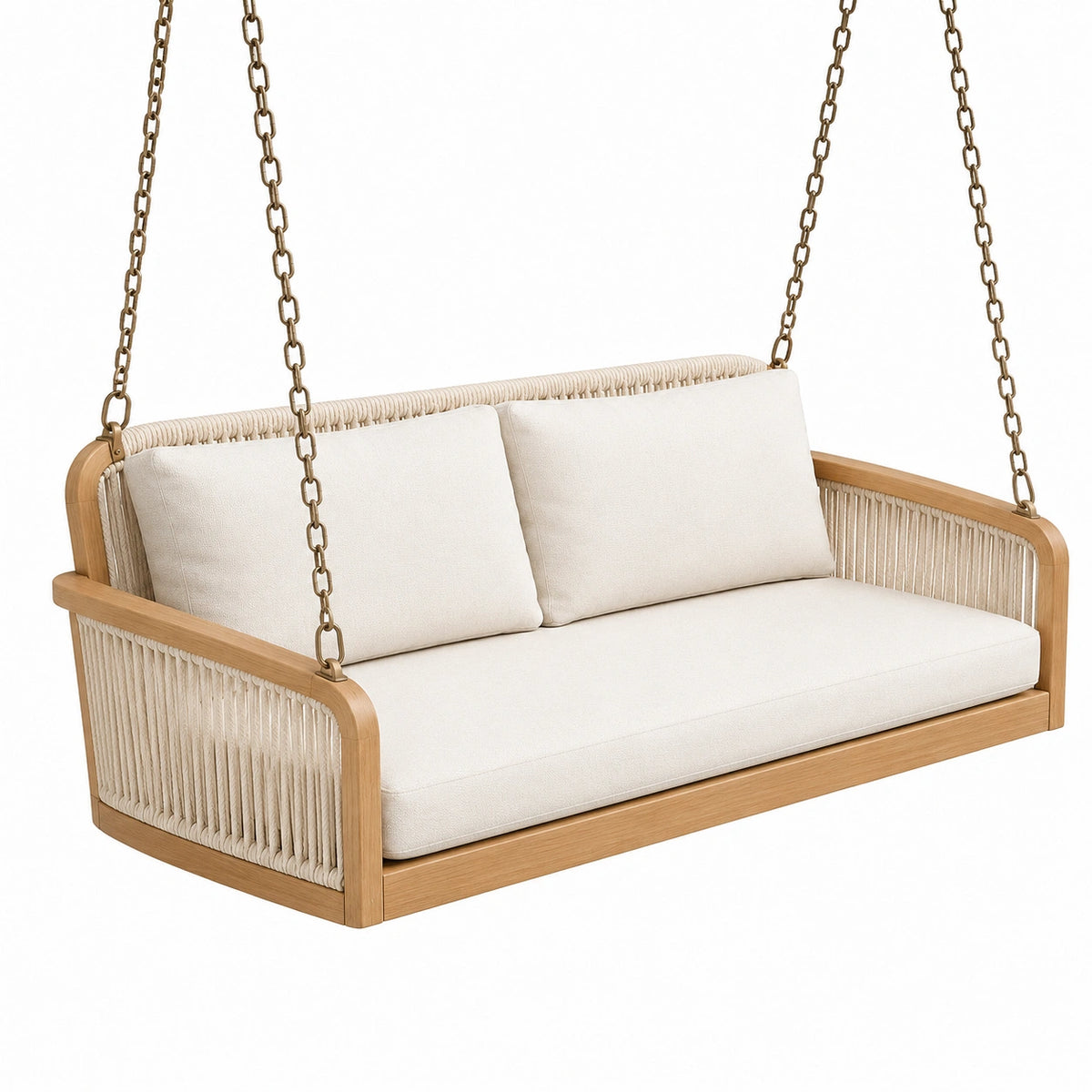 Balancelle de jardin 2 places 160 cm en bois et corde beige style bohème