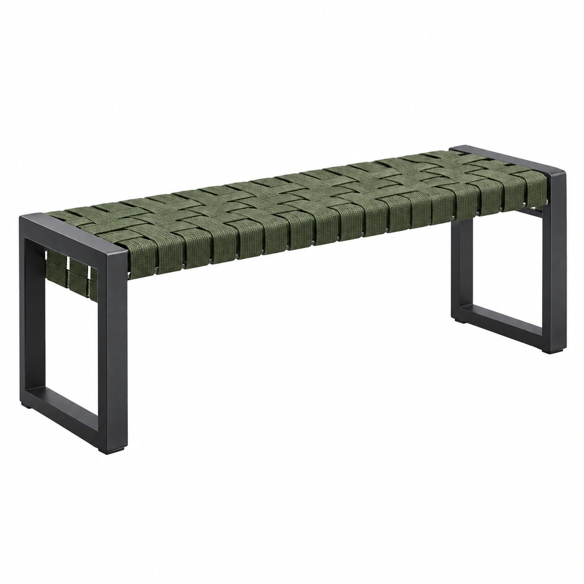 Banc de jardin 120 x 40 x 45 cm en métal noir et sangles tissées vert kaki style contemporain